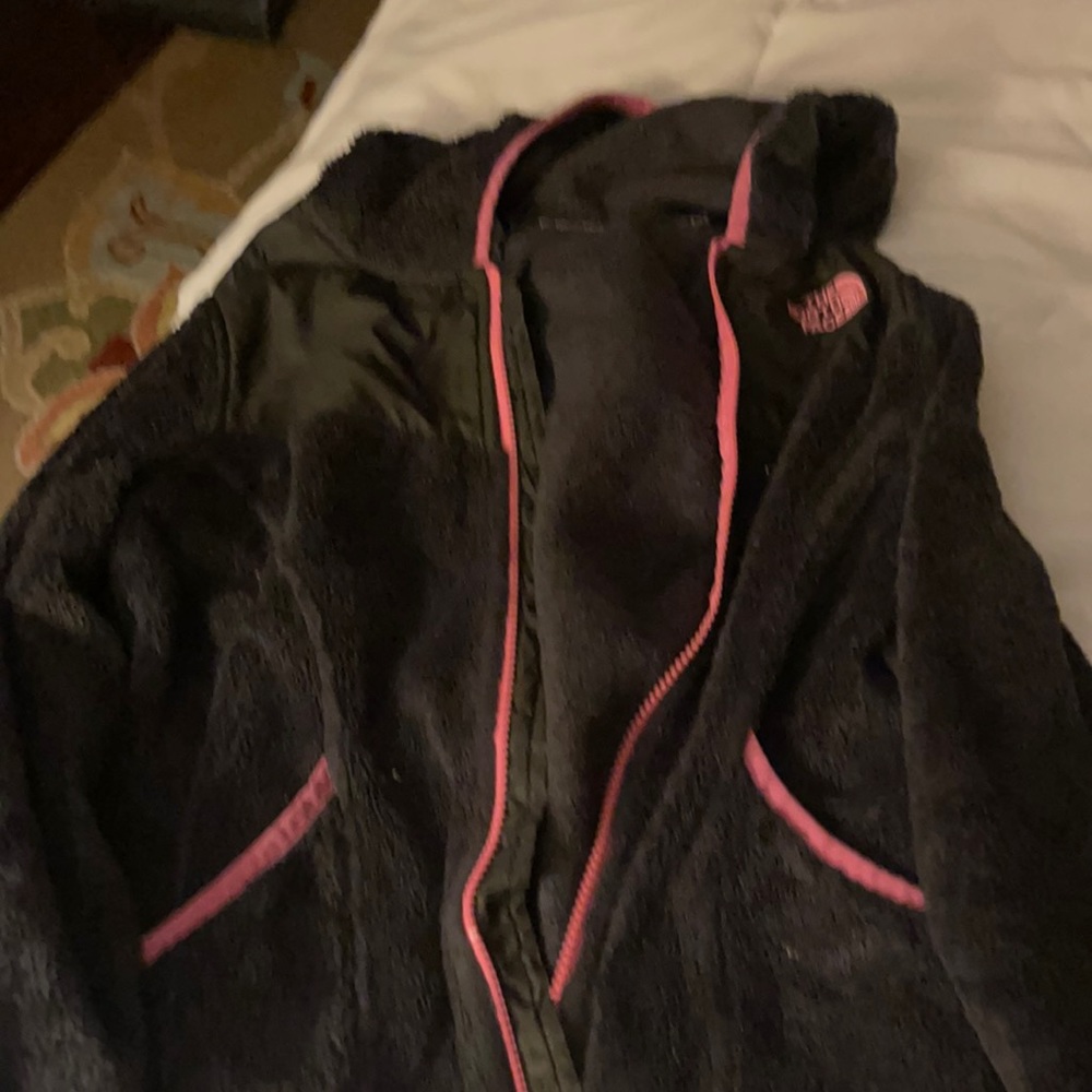 North face Grey with pink trim fleece zip up hoodie. Good used condition